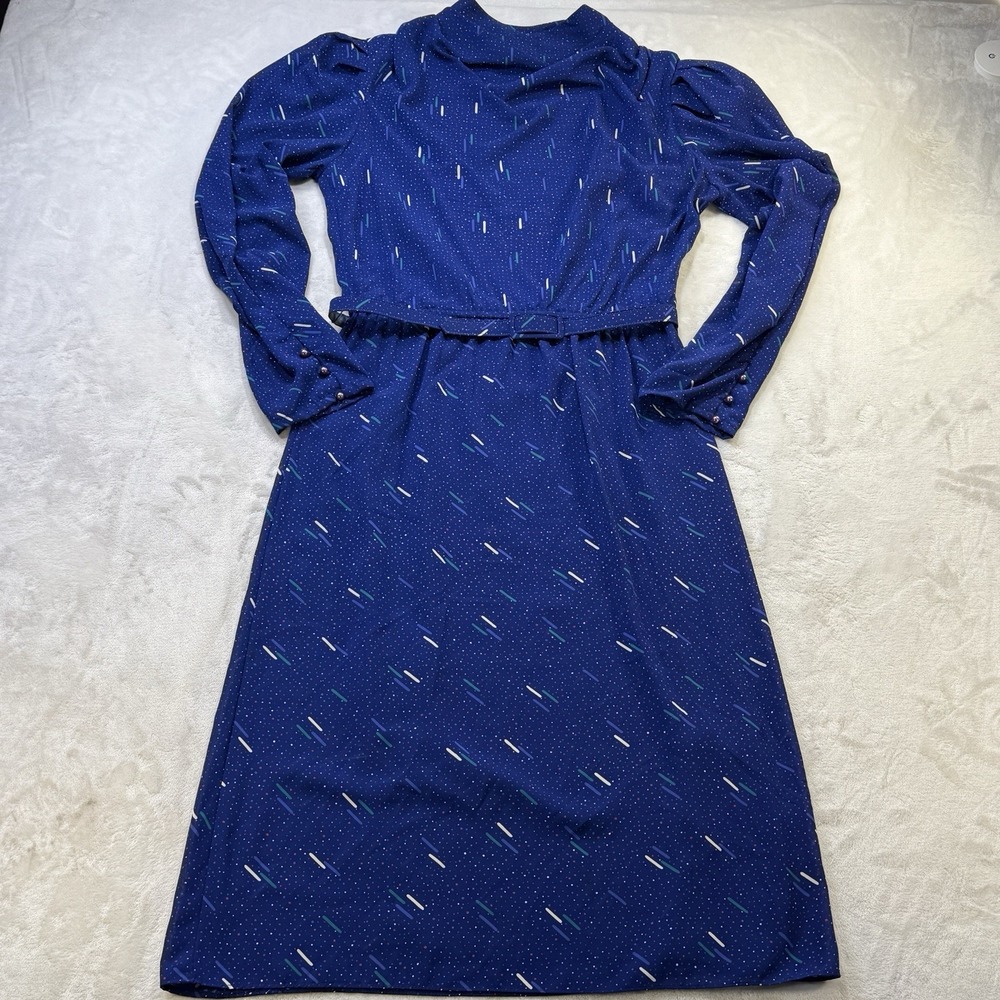 Vintage 80s Charlie Allison Blue Midi Dress 11/12 Belted Secretary Abstract